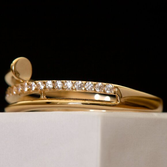 10K Yellow Gold Nail Ring, Dainty CZ Pave Ring, Size 7 - Picture 3 of 13